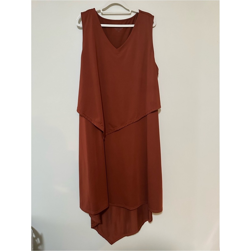 Boho Minimalist Cuddl Duds Layered Midi Dress 1X Rust Asymmetrical V-Neck